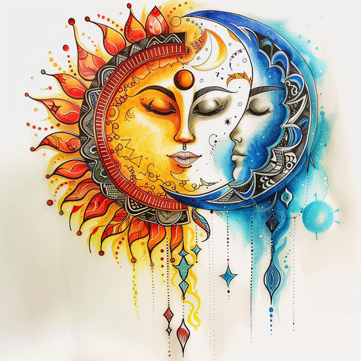 Bohemian tattoo sketch of a sun and moon with tribal patterns, vibrant tribal colors