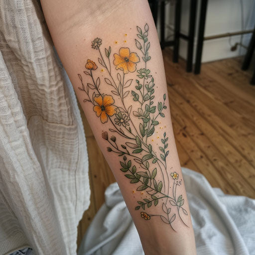 Wildflower tattoo on forearm, trailing design