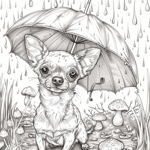 Whimsical Chihuahua holding a tiny umbrella in the rain