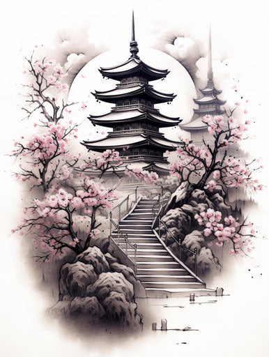 Japanese wooden pagoda with blossoming cherry blossom
