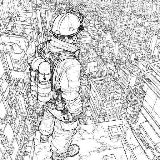 Firefighter in a bustling city, Mamoru Hosoda style, lively coloring page