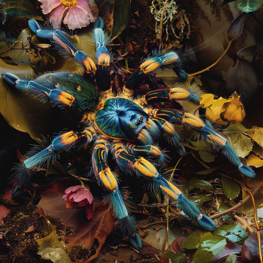 Colorful tarantula on dark forest floor