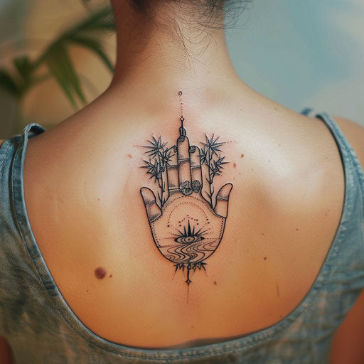 Zen and peaceful hamsa tattoo with bamboo and water motifs