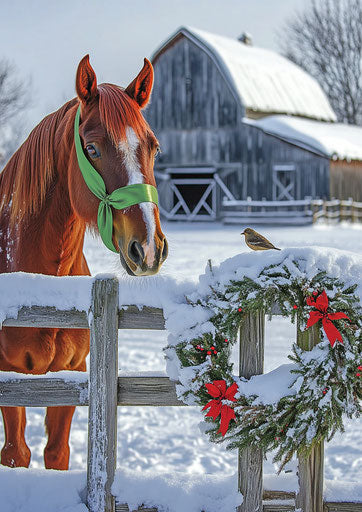 Red horse with green ribbon near snow-covered wooden fence