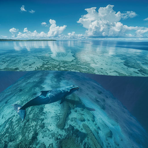 Blue whale passing by an oceanic atoll