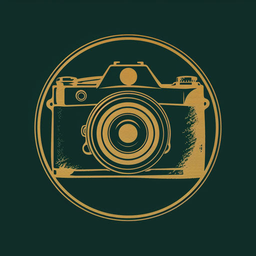 Photologo with a traditional serif font and a classic camera emblem, in dark green and gold