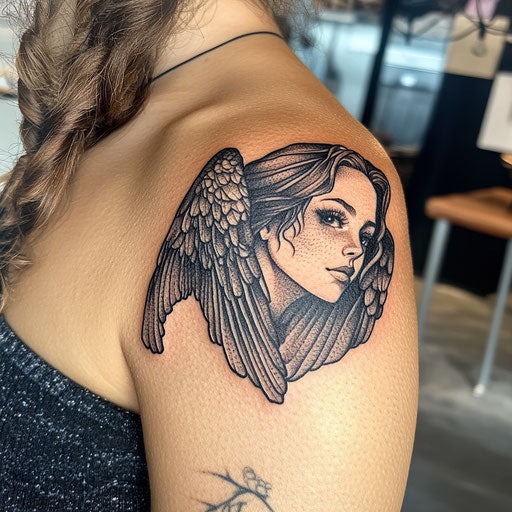 Shoulder tattoos for females with dark angel wings