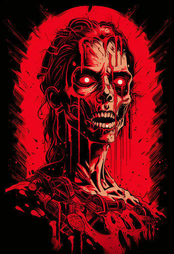 Creepy scary zombie girl head red background steelpunk style