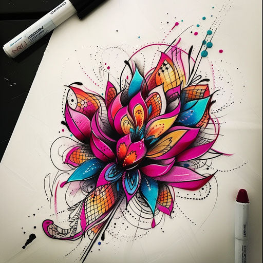 Abstract lace tattoo sketch with bold colors and dynamic shapes