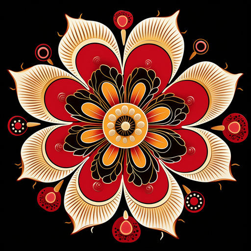 Red and white flower drawing, maroon and gold style