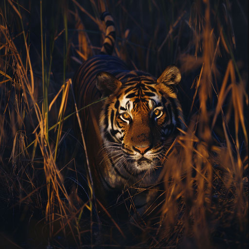 A Sunda tiger silently hunting in the twilight