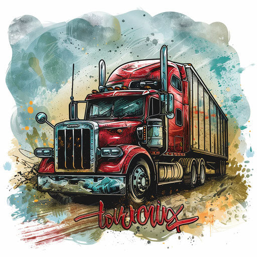 Hand-drawn trucking logo with rustic background and artistic elements