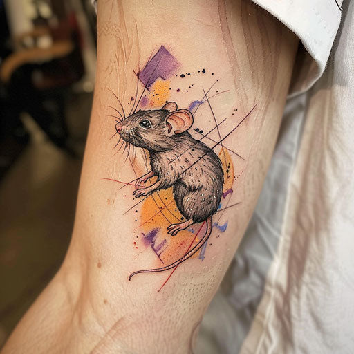 Subtle sketch of a rat in a line art style, highlighted with pastel watercolor washes