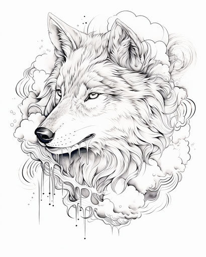 Detailed coloring page of wolf howling at the moon with feathers on the face