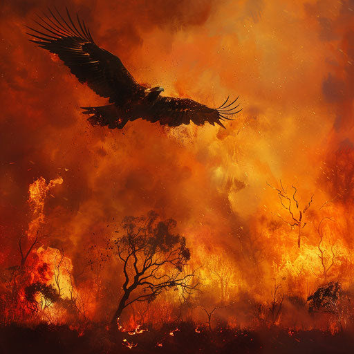 Wedge-tailed eagle over fiery landscape, symbol of resilience