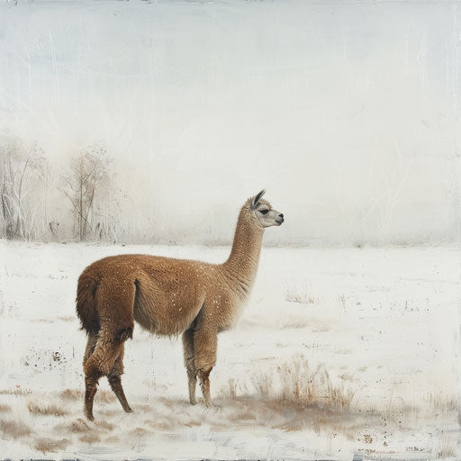 Solitary alpaca in a snowy field