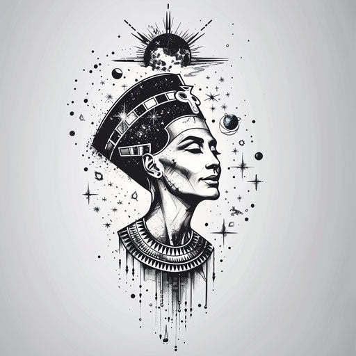 Flat tattoo sketch of Nefertiti with a mystical aura and celestial bodies