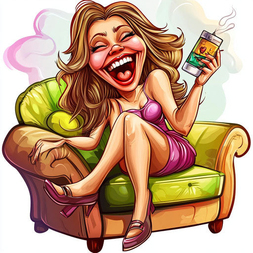 Humorous caricature of perfume clipart with human characteristics, rosy cheeks, expressive hands, sitting on a couch, vibrant colors, cartoon style, laughing