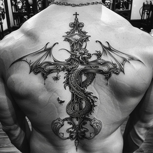 Fantasy-themed cross tattoo with mythical beasts