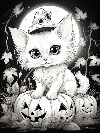 Cute Cat Coloring Pages, Inspired by Jeremiah Ketner, Halloween, Jerry Pinkney, Realistic Light and Color usage, Kawaiipunk, Dotted, Cottagepunk 3:4