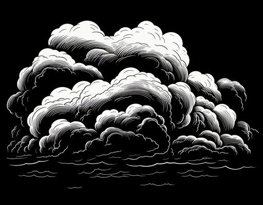 Storm clouds on transparent background, woodcut style, animated energy