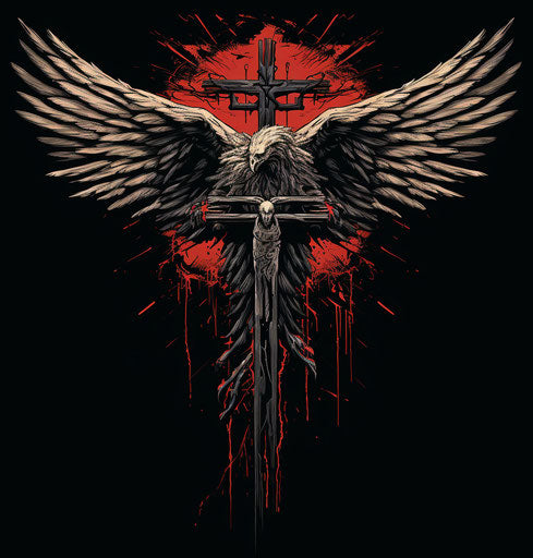 Stock illustration of wooden crucifix with wings, graffiti style, primitivist realism