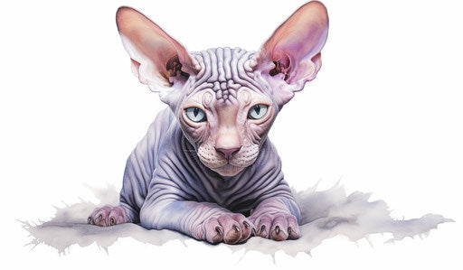 Sphynx cat on white background, dark silver and light purple style