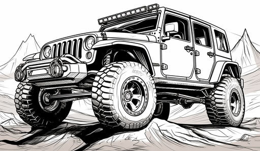 Coloring page of a jeep, cryengine style, cobra, commissioned, rounded, outrun 12:7