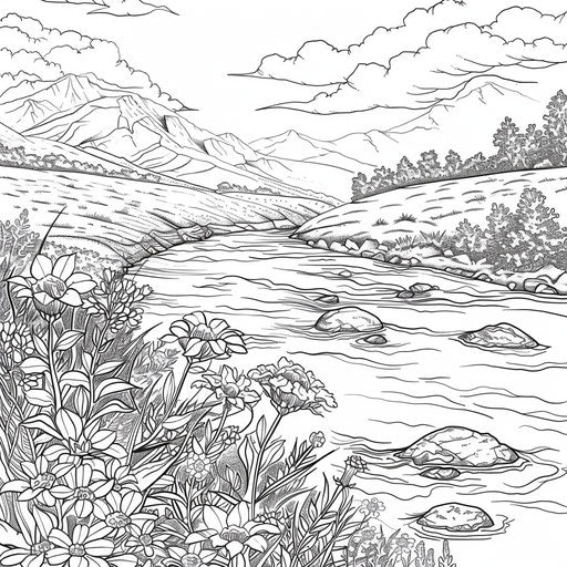 Peaceful river in a serene valley with wildflowers