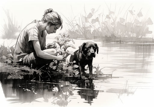 Drawing of a person with a dog on a lotus flower