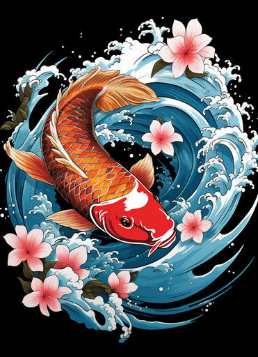 Japanese koi fish in waves with blossoms