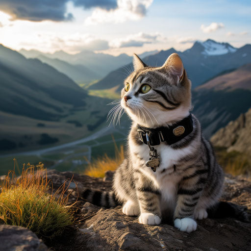 Cat sitting in front of mountain scenery