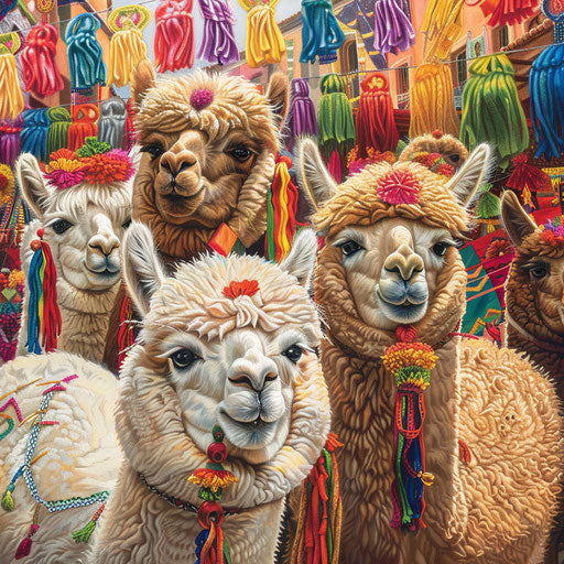 Festive scene of alpacas adorned with traditional Peruvian tassels and ear decorations