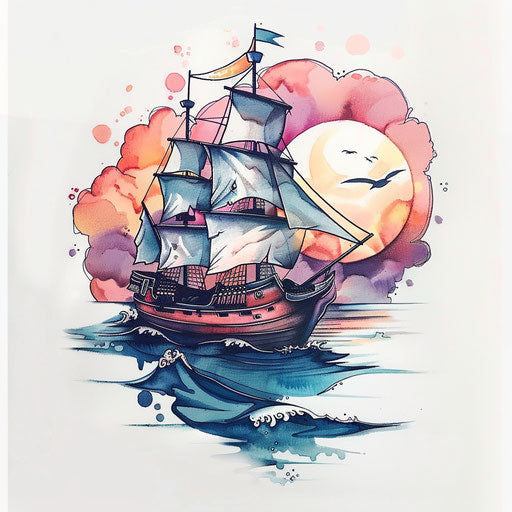Serene tattoo sketch of a pirate ship on calm waters