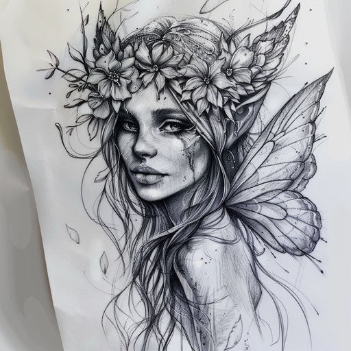 Fairy queen with flower crown on white canvas