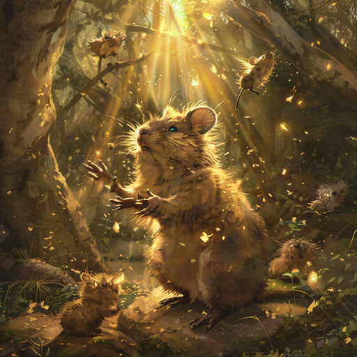 The enchanted quokka who speaks, sharing wisdom in a mystical forest