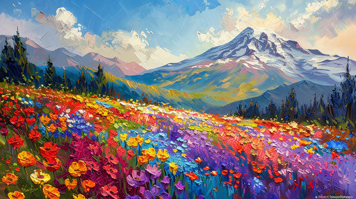 Colorful flower mosaic beneath sunny Mount Rainier