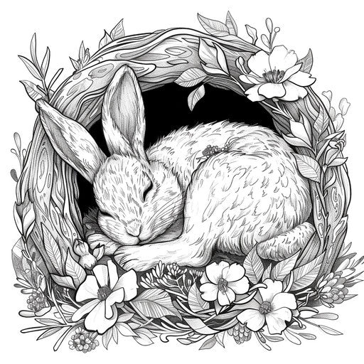 A sleeping rabbit in a cozy burrow decorated with flowers