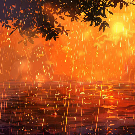 Realistic rainy day clipart on flat sunset orange background