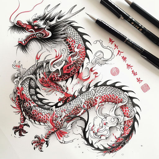 Chinese dragon tattoo, red and black ink on white background