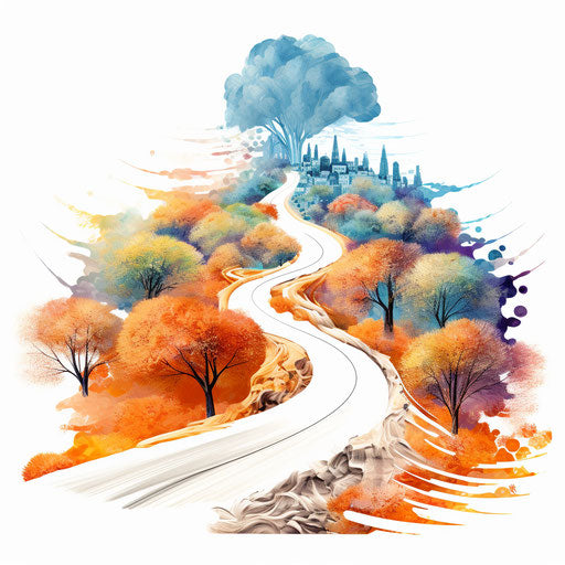Roadmap illustration in the style of Impressionistic Art, on white background