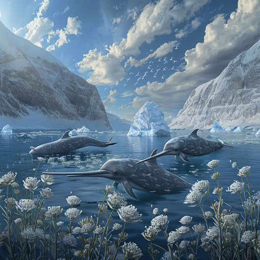 Family of narwhals playing in the Arctic