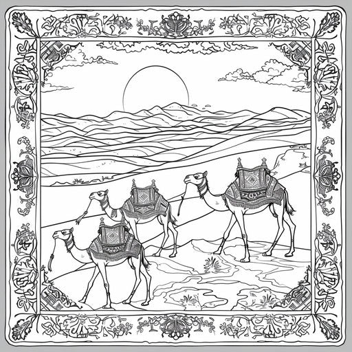 Desert sunset with camel silhouettes