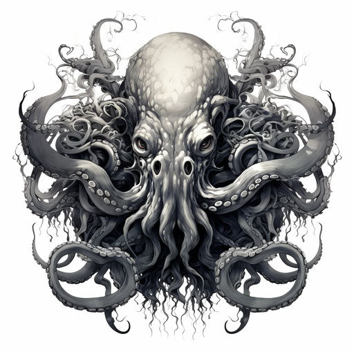 Octopus in vines, monochromatic graphic design, bold