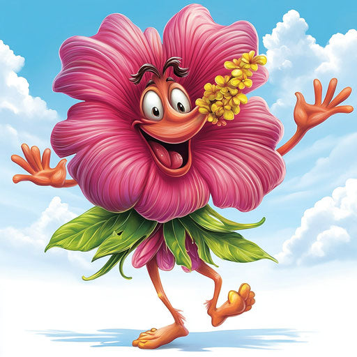 Humorous caricature of a hawaiian flower with human characteristics