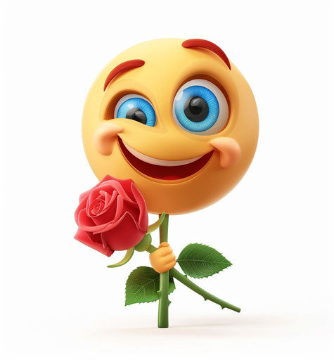 Emoticon with cute happy face holding rose