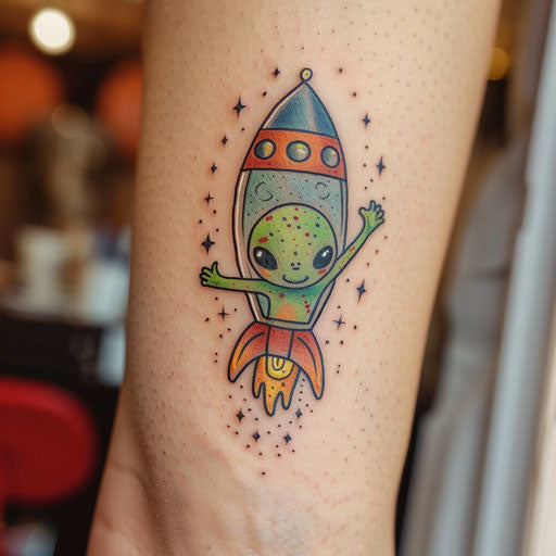 Cartoon UFO tattoo with friendly waving alien