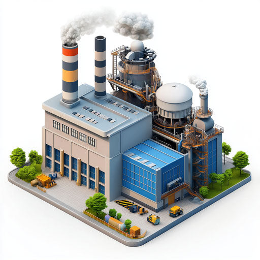 3D factory in photorealistic style with flat white background