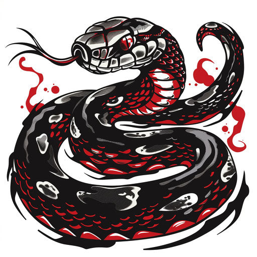 Flat tattoo sketch of a venomous snake in black and red