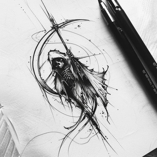 Minimalist black and white reaper tattoo sketch